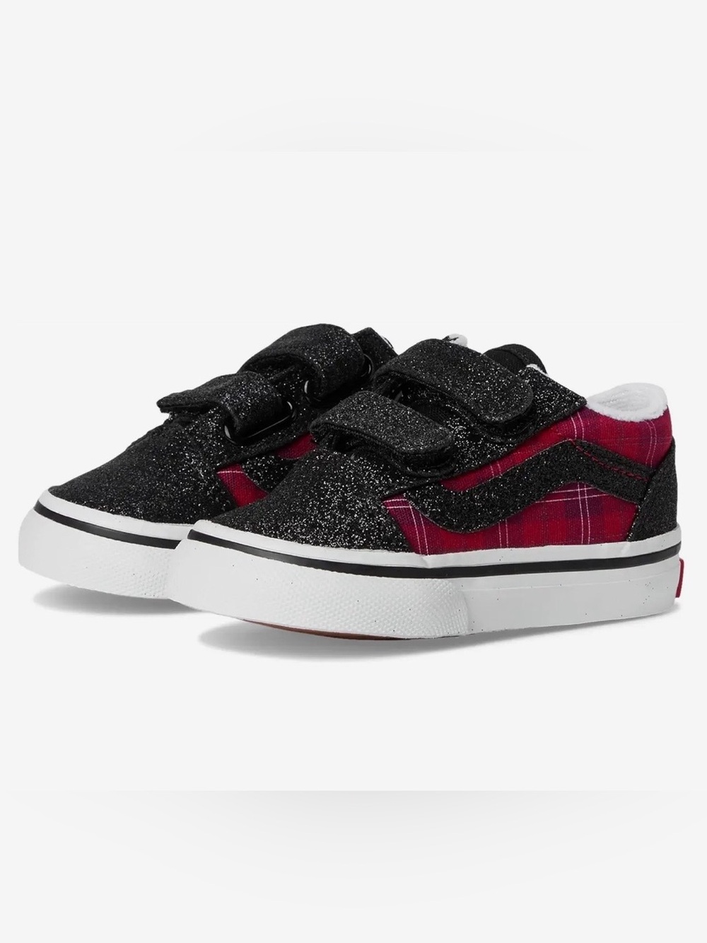🆕 Vans toddler Old Skool Black Glitter & Red Plaid Velcro Sneakers